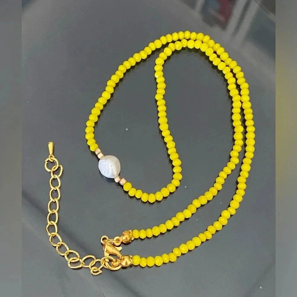Handmade Yellow Seed Bead Single Real Freshwater Pearl Necklace New